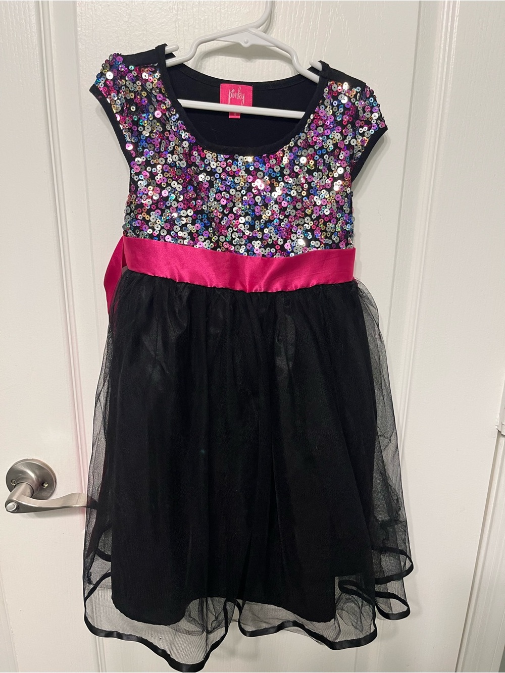 Pinky Black Tulle Dress with Pink Sash and Multicolor Sequin Bodice